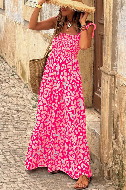 Ruffled Printed Wide Strap Boho Dress - Spirit and Rebel [Spirit and Rebel] Hot Pink S 