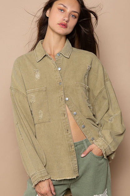 Button Down Raw Hem Distressed Shacket - Spirit and Rebel [Spirit and Rebel] Mocha Herb S 