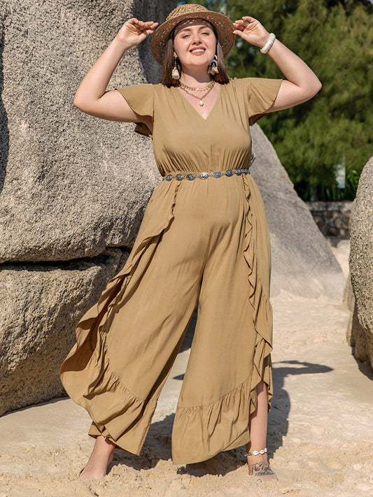 Plus Size Slit Ruffled V-Neck Boho Jumpsuit - Spirit and Rebel [Spirit and Rebel] Camel 0XL 