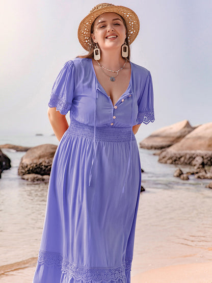 Plus Size Lace Detail Tie Neck Short Sleeve Maxi Boho Dress - Spirit and Rebel [Spirit and Rebel]   