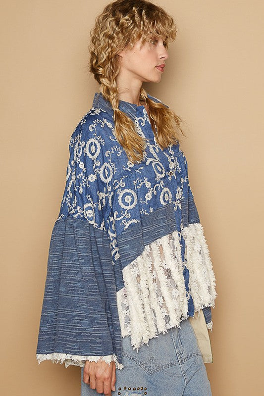 Lace Hem Embroidered Long Sleeve Shirt [Spirit and Rebel]