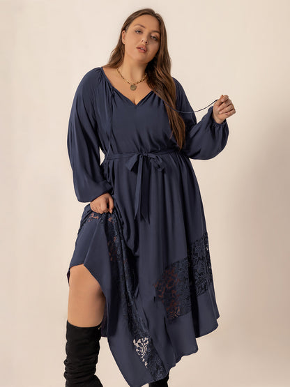 Spirit and Rebel Plus Size Lace Detail Tie Neck Long Sleeve Midi Dress [Spirit and Rebel]   