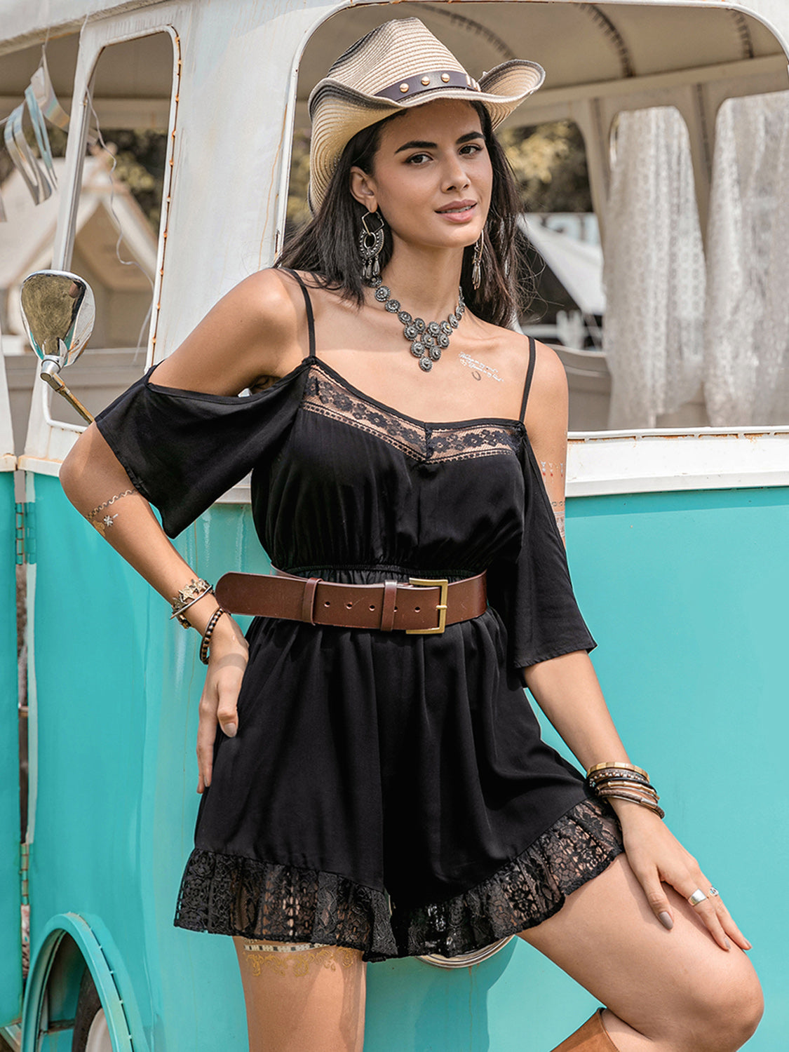 Lace Detail Cold Shoulder Boho Romper - Spirit and Rebel [Spirit and Rebel]   