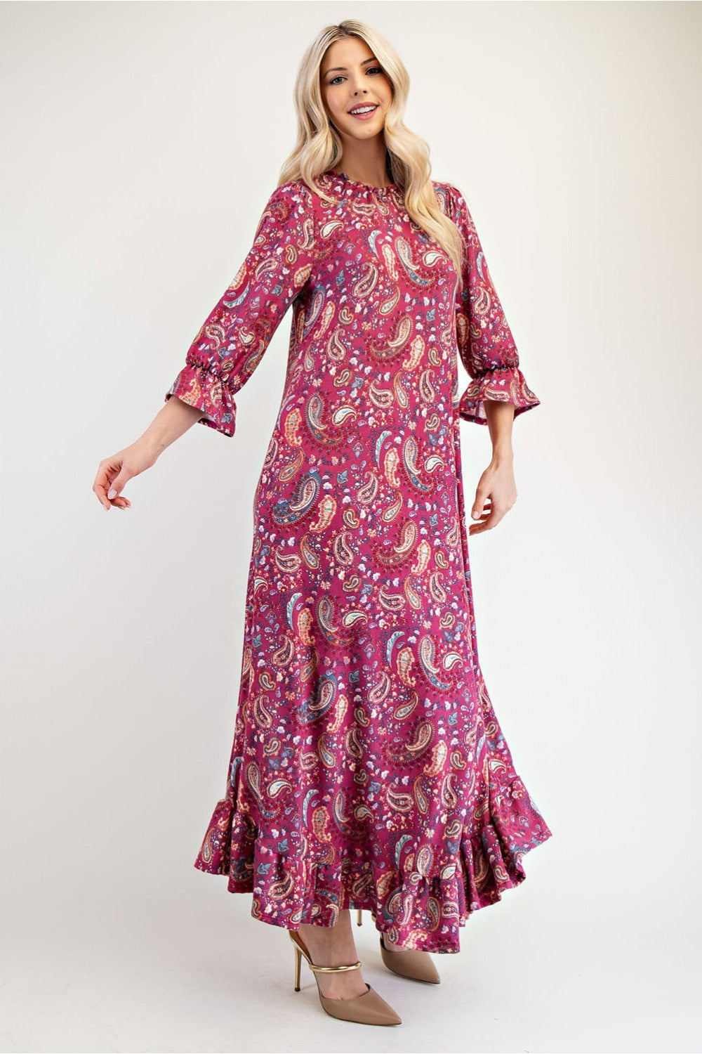 Plus Size Ruffle Hem Paisley Round Neck Dress [Spirit and Rebel]