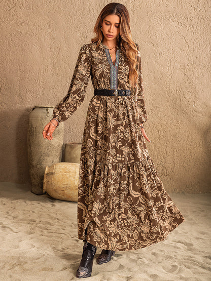 Spirit and Rebel Ruched Printed Notched Long Sleeve Maxi Dress [Spirit and Rebel]   