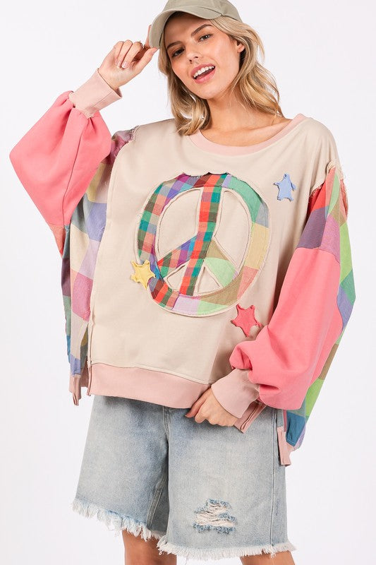 Plus Size Contrast Peace Patch Dropped Shoulder Sweatshirt [Spirit and Rebel] Coral Multicolor S