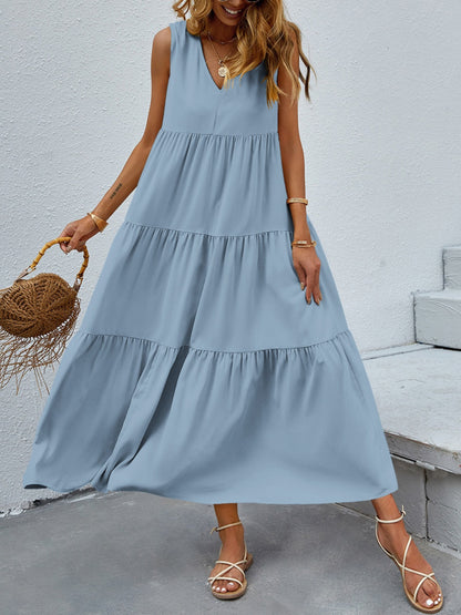 Boho Chic  Tiered V-Neck Sleeve Dress [Spirit and Rebel] Misty  Blue S 