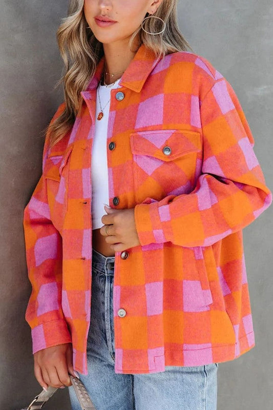 Plaid Collared Neck Button Up Boho Jacket [Spirit and Rebel] Orange S 