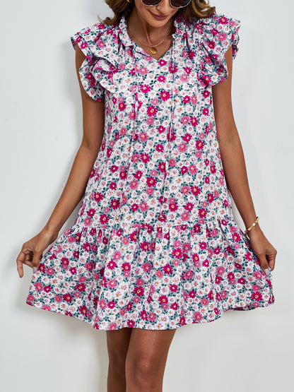 Tied Floral Cap Sleeve Mini Boho Dress - Spirit and Rebel [Spirit and Rebel]   