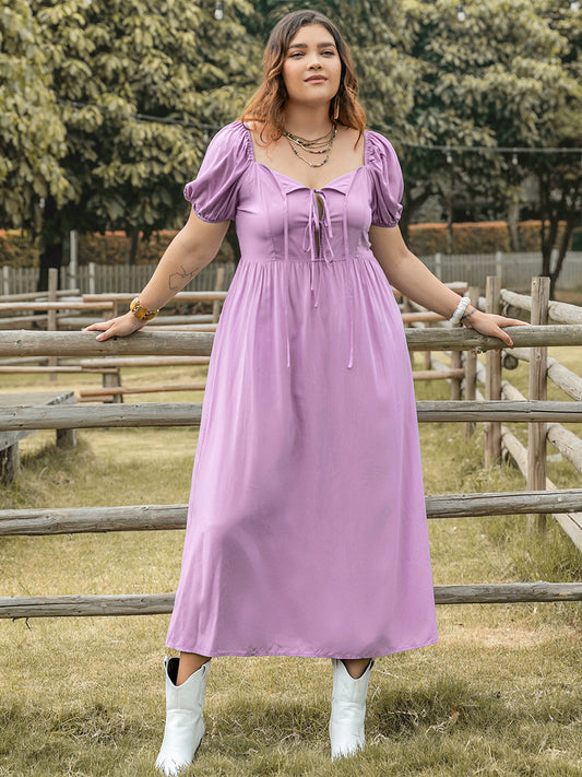 Plus Size Tie Neck Short Sleeve Boho Dress - Spirit and Rebel [Spirit and Rebel] Pink Purple 0XL 