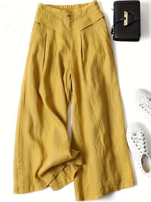 Plus Size Half Elastic Waist Wide Leg Boho Pants - Spirit and Rebel [Spirit and Rebel] Chartreuse S 