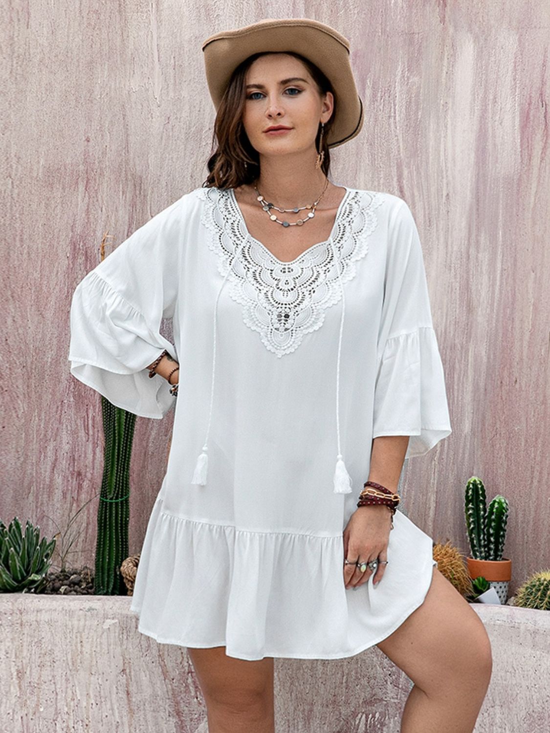 Spirit and Rebel Plus Size Lace Detail Tie Neck Three-Quarter Sleeve Mini Dress [Spirit and Rebel]   