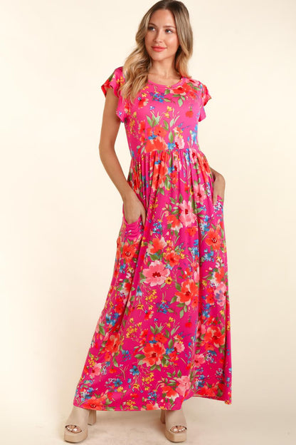 Floral Ruffled Round Neck Cap Sleeve Boho Dress - Spirit and Rebel [Spirit and Rebel] Fuchsia S 