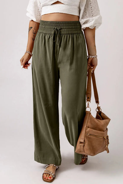 Smocked High Waist Wide Leg Boho Pants - Spirit and Rebel [Spirit and Rebel] Army Green S 