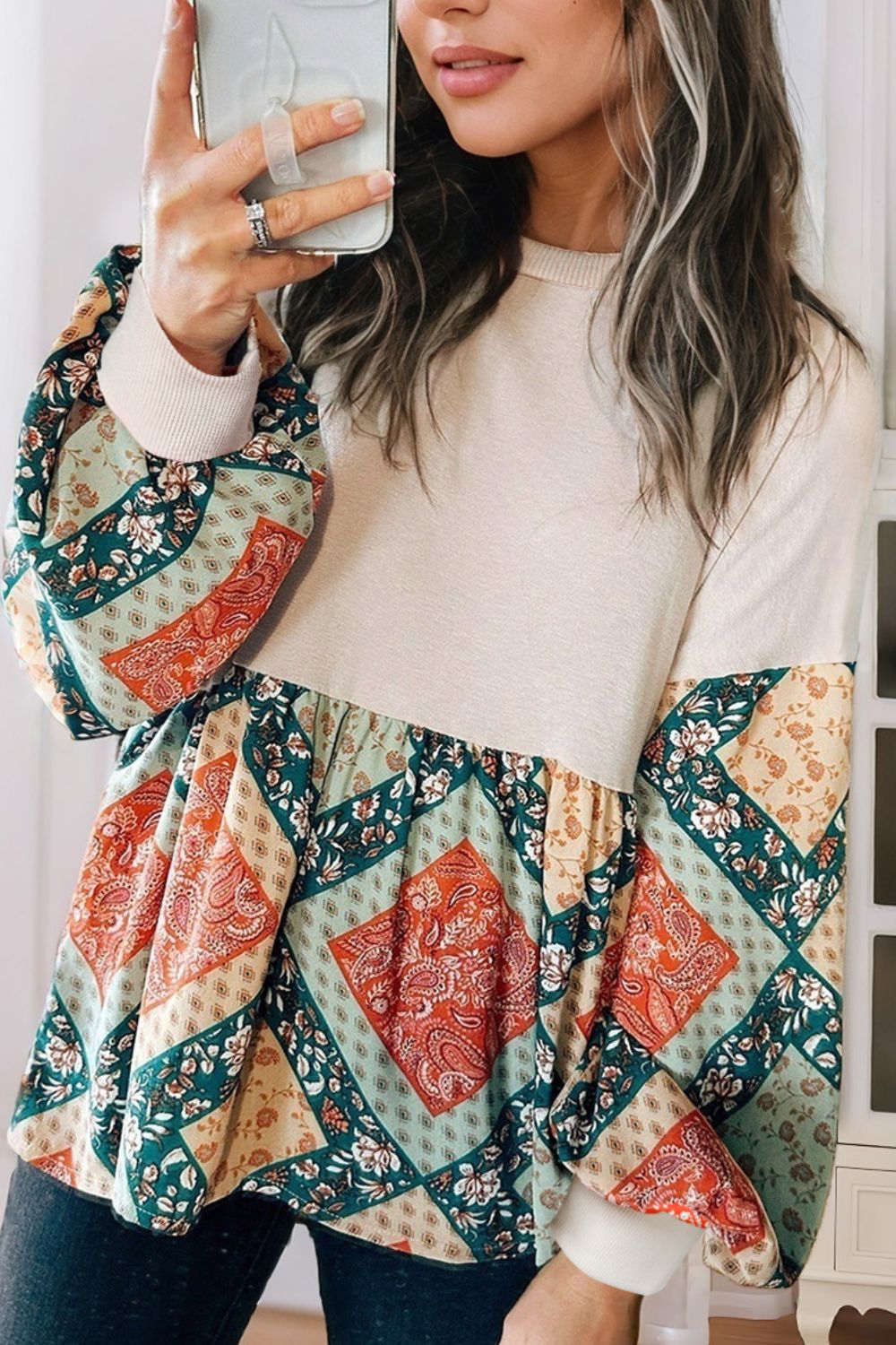 Printed Round Neck Long Sleeve Blouse [Spirit and Rebel]