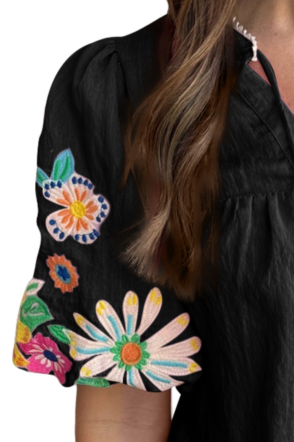 Embroidered Tie Neck Half Sleeve Boho Blouse - Spirit and Rebel [Spirit and Rebel]   