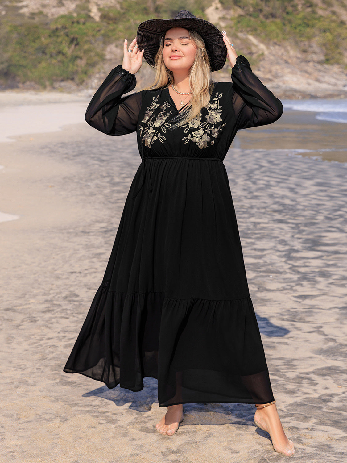 Spirit and Rebel Plus Size Embroidered Tie Neck Long Sleeve Dress [Spirit and Rebel]   