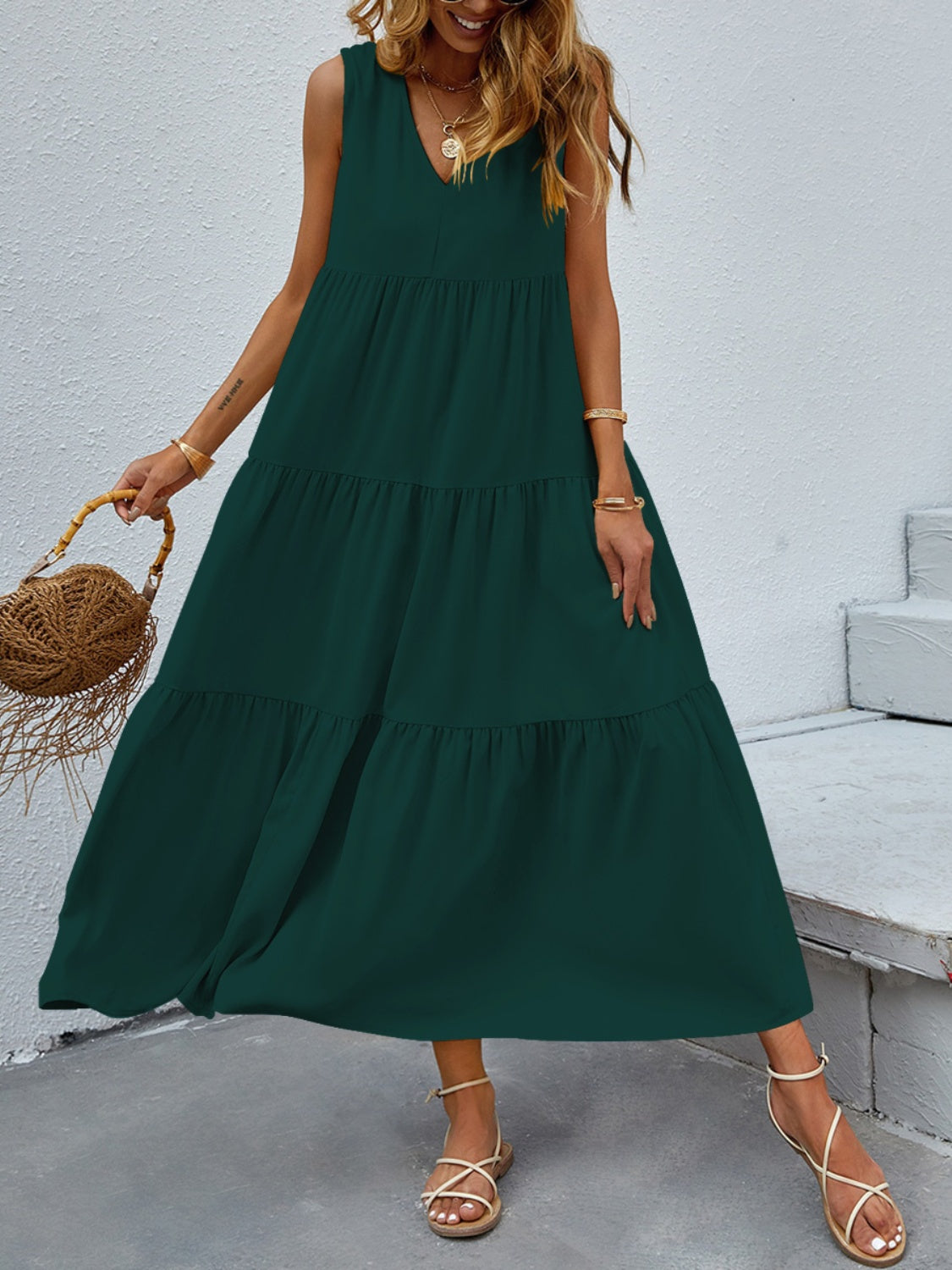 Boho Chic  Tiered V-Neck Sleeve Dress [Spirit and Rebel] Green S 