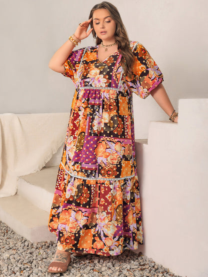 Plus Size Printed V-Neck Half Sleeve Maxi Boho Dress - Spirit and Rebel [Spirit and Rebel]   