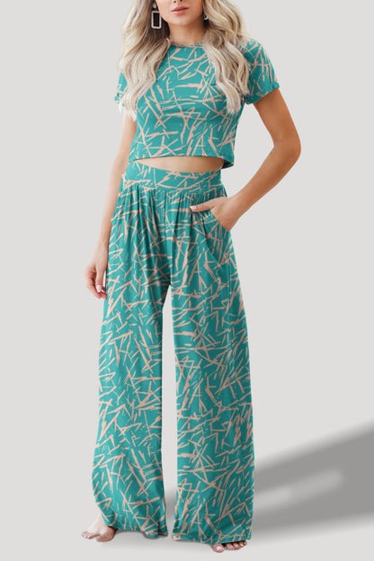 Printed Round Neck Short Sleeve Boho Top and Pants Set [Spirit and Rebel] Teal S 