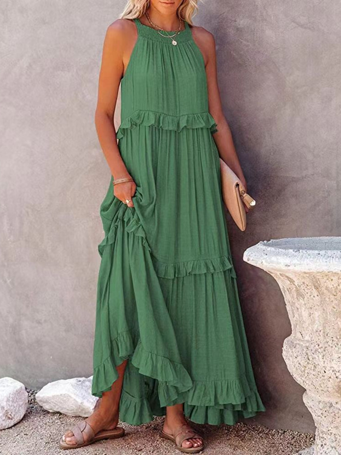 Ruffled Sleeveless Boho Maxi Dress with Pockets [Spirit and Rebel] Green S 