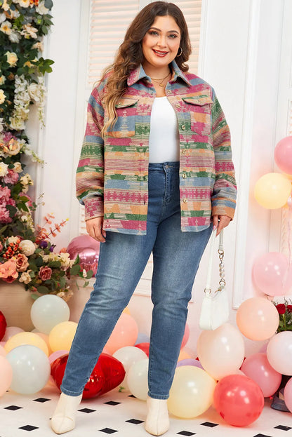 Spirit and Rebel Plus Size Pocketed Printed Collared Neck Boho Jacket [Spirit and Rebel]   