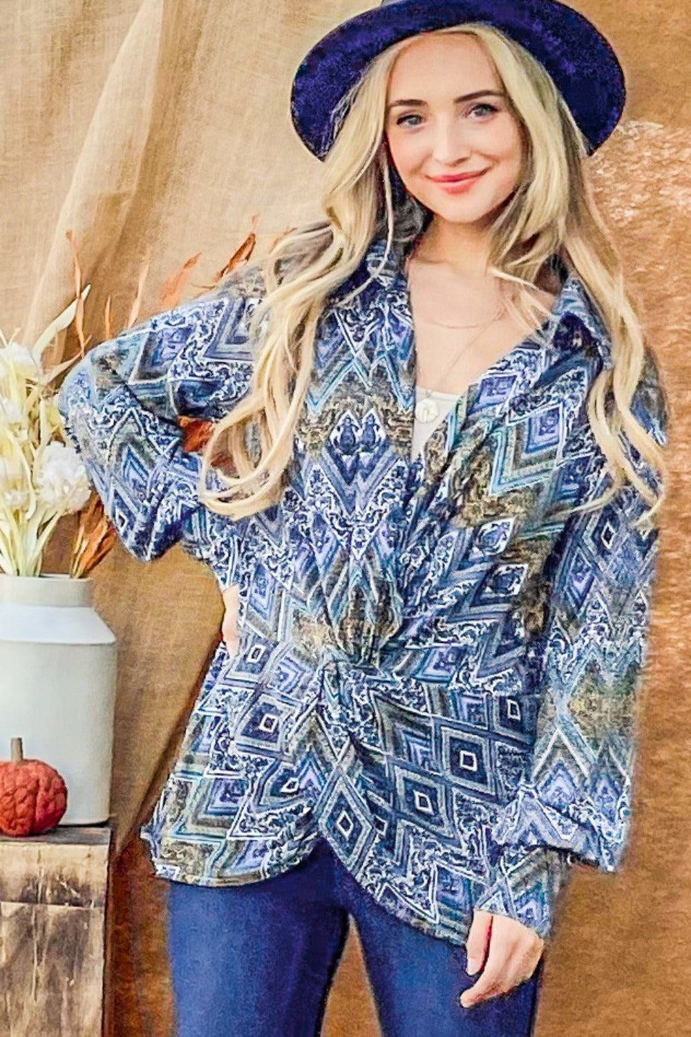 Spirit and Rebel Print Twist Knot Long Sleeve Bohemian Blouse [Spirit and Rebel]   