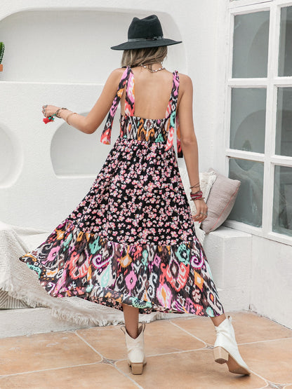 Printed Plunge Sleeveless Midi Boho Dress - Spirit and Rebel [Spirit and Rebel]   