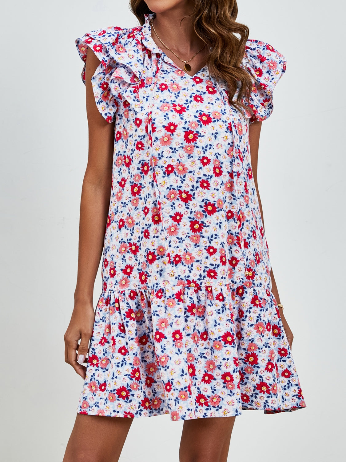 Tied Floral Cap Sleeve Mini Boho Dress - Spirit and Rebel [Spirit and Rebel]   