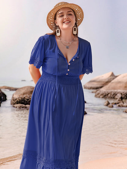 Plus Size Lace Detail Tie Neck Short Sleeve Maxi Boho Dress - Spirit and Rebel [Spirit and Rebel]   