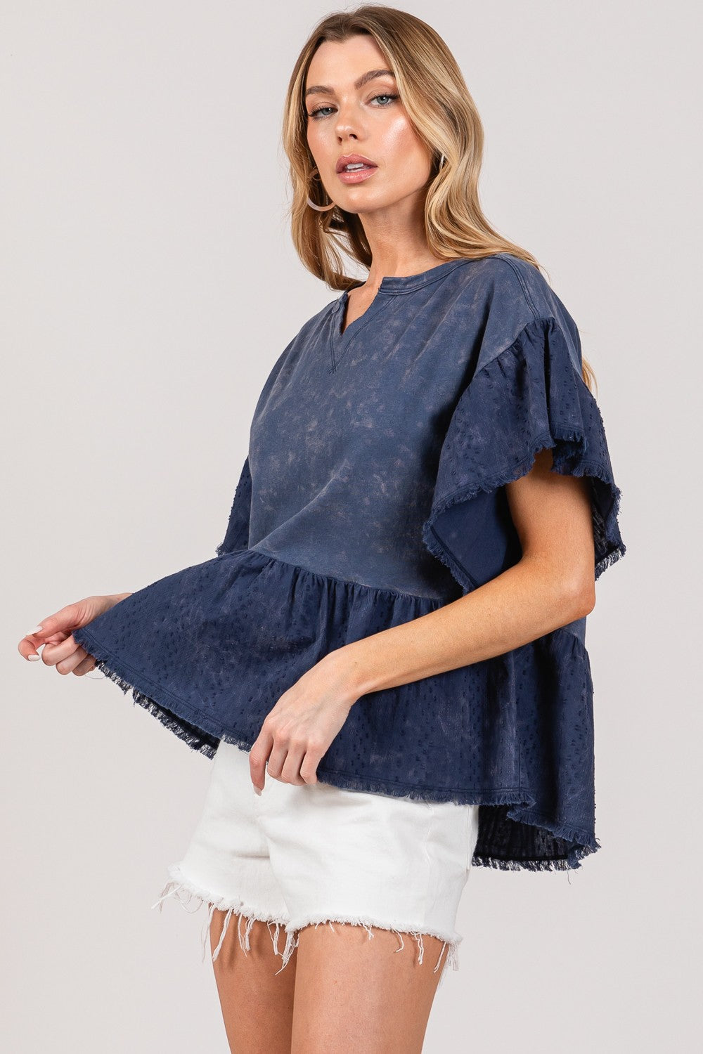 Ruffle Sleeve Washed Short Sleeve Boho Blouse - Spirit and Rebel [Spirit and Rebel]   