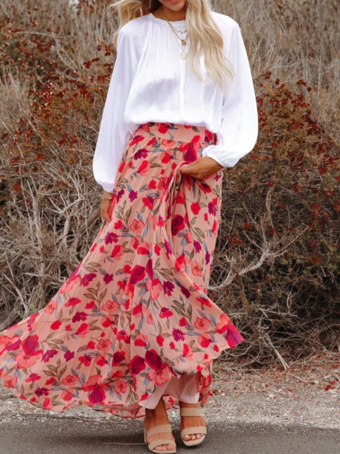 Printed Elastic Waist Pleated Boho Maxi Skirt [Spirit and Rebel]   