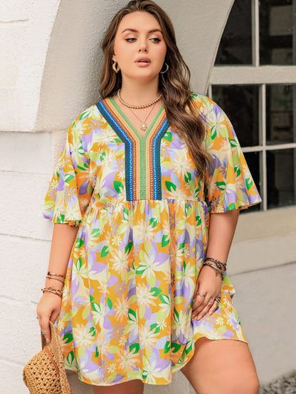 Plus Size Printed V-Neck Half Sleeve Mini Dress - Spirit and Rebel [Spirit and Rebel]   