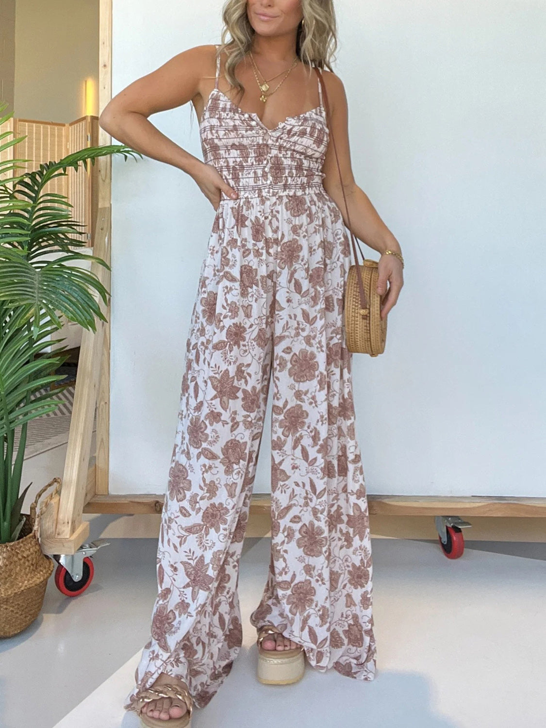 Plus Size Printed Spaghetti Strap Wide Leg Boho Jumpsuit - Spirit and Rebel [Spirit and Rebel] Mocha S 