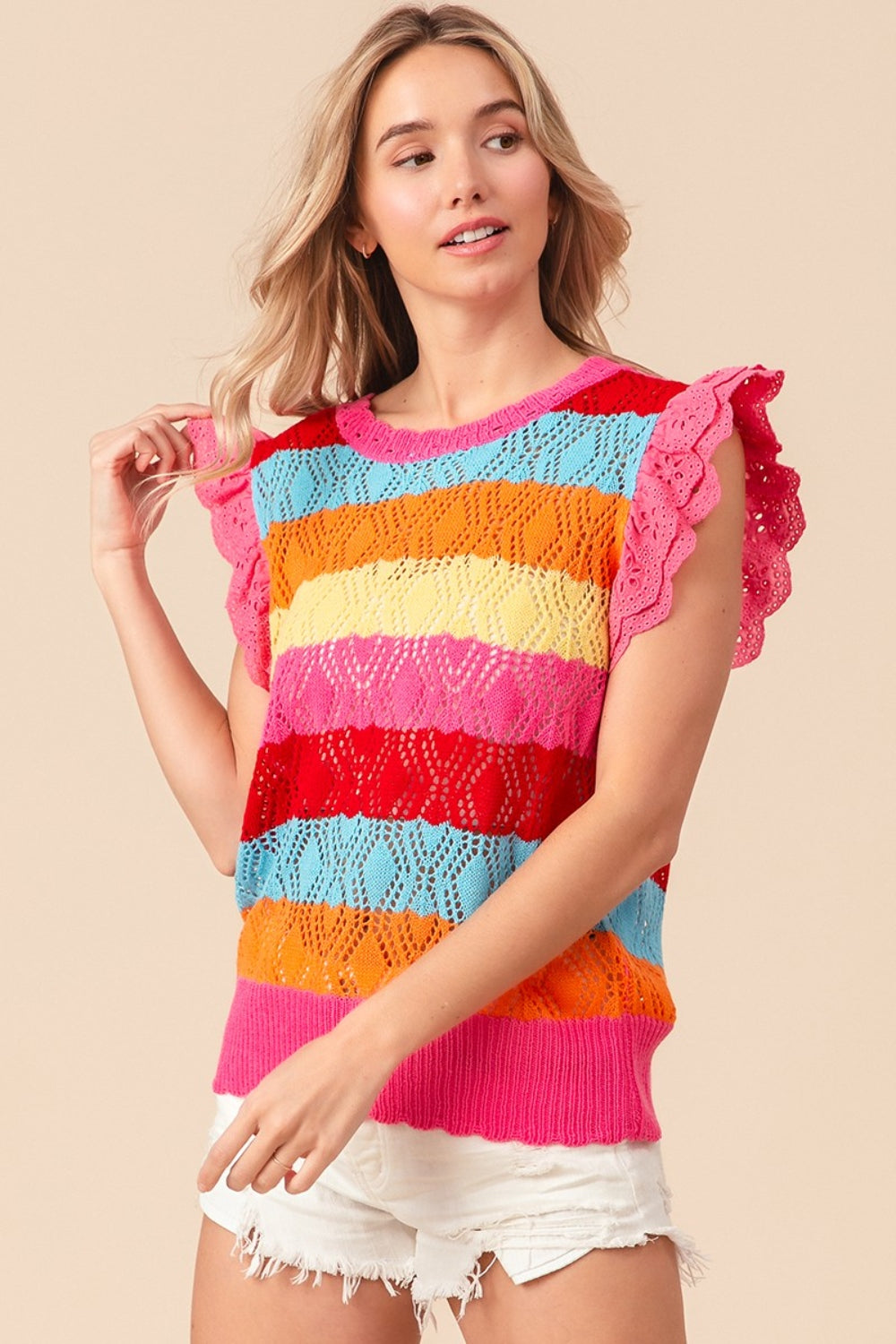 Pointelle Striped Ruffled Knit Boho Top - Spirit and Rebel [Spirit and Rebel]   