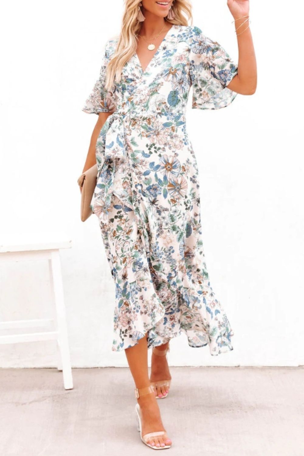 High-Low Printed Surplice Flutter Sleeve Midi Boho Wedding Guest Dress [Spirit and Rebel]   