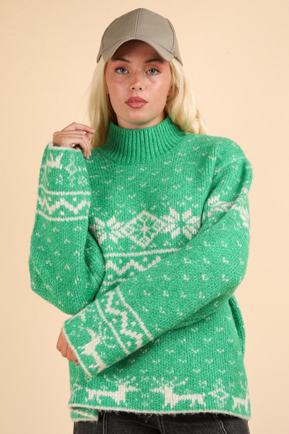 Spirit and Rebel Christmas Element Mock Neck Long Sleeve Boho Sweater [Spirit and Rebel]   