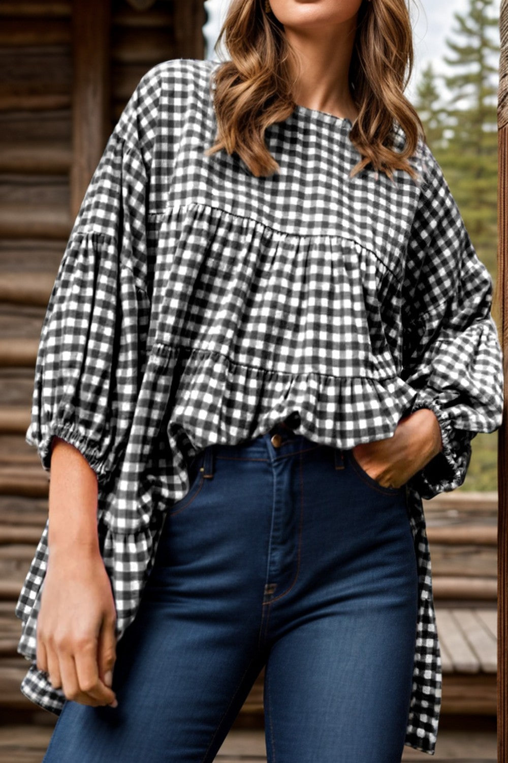 Spirit and Rebel Tiered Plaid Round Neck Long Sleeve Bohemian Blouse [Spirit and Rebel] Plaid S 