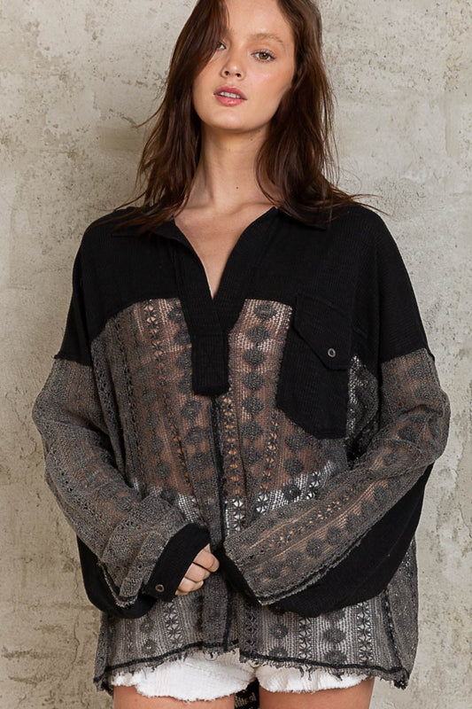 Johnny Collar Long Sleeve Lace Boho Blouse - Spirit and Rebel [Spirit and Rebel] Black S 