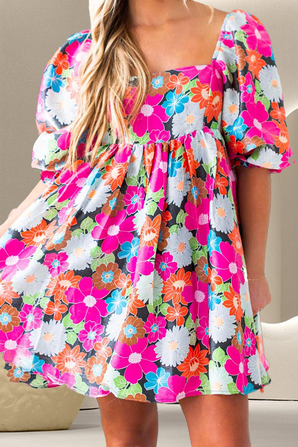 Printed Square Neck Half Sleeve Mini Boho Dress - Spirit and Rebel [Spirit and Rebel] Floral S 