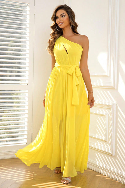 Cutout One-Shoulder Tie Waist Boho Wedding Guest Dress [Spirit and Rebel]   