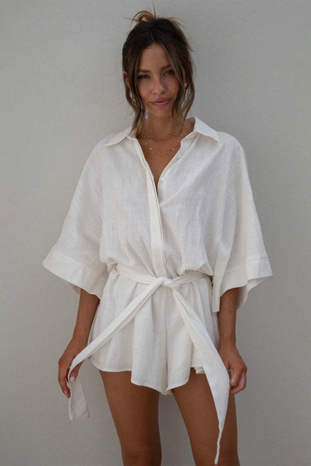 Tied Button Up Collared Neck Boho Romper - Spirit and Rebel [Spirit and Rebel]   