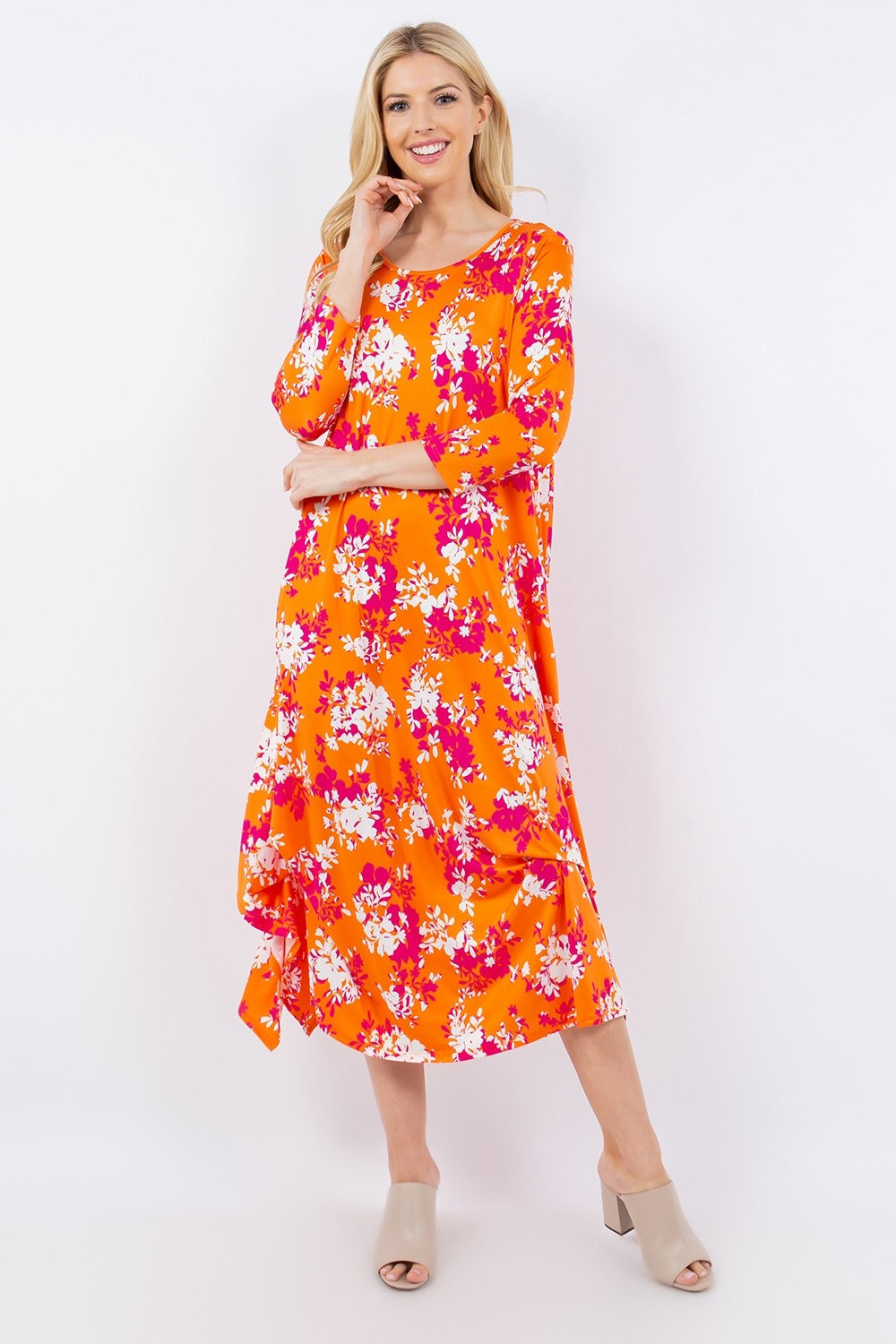 Plus Size Pick-Up Hem Asymmetric Floral Midi Dress - Spirit and Rebel [Spirit and Rebel] Orange Floral S 