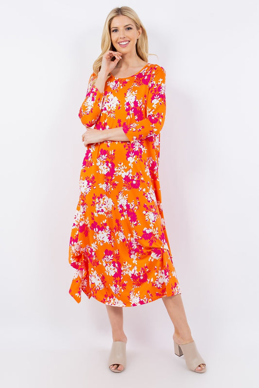 Plus Size Pick-Up Hem Asymmetric Floral Midi Dress - Spirit and Rebel [Spirit and Rebel] Orange Floral S 