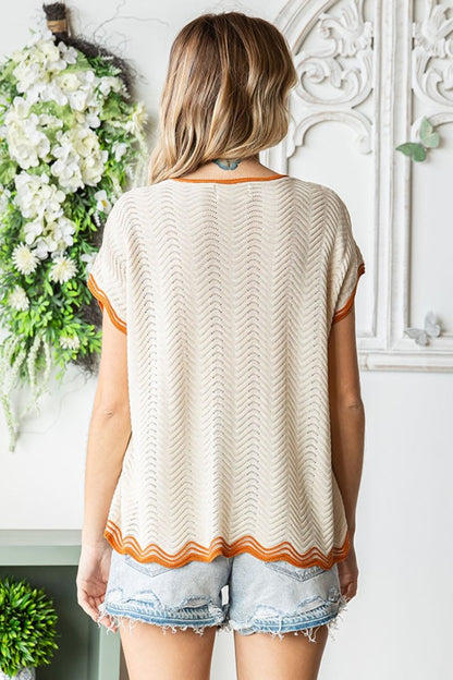 Plus Size Contrast Wavy Crochet Drop Shoulder Knit Boho Top - Spirit and Rebel [Spirit and Rebel]   