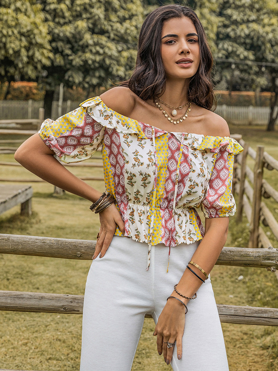 Ruffled Printed Off-Shoulder Short Sleeve Boho Blouse - Spirit and Rebel [Spirit and Rebel]   