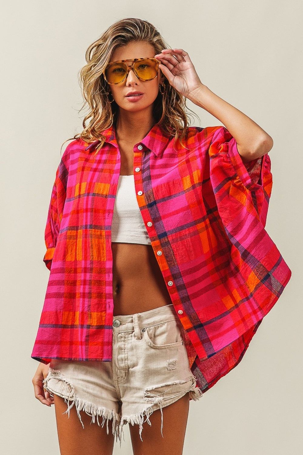 Button Up Dolman Sleeve Plaid Boho Shirt - Spirit and Rebel [Spirit and Rebel] Fuchsia Multi S 