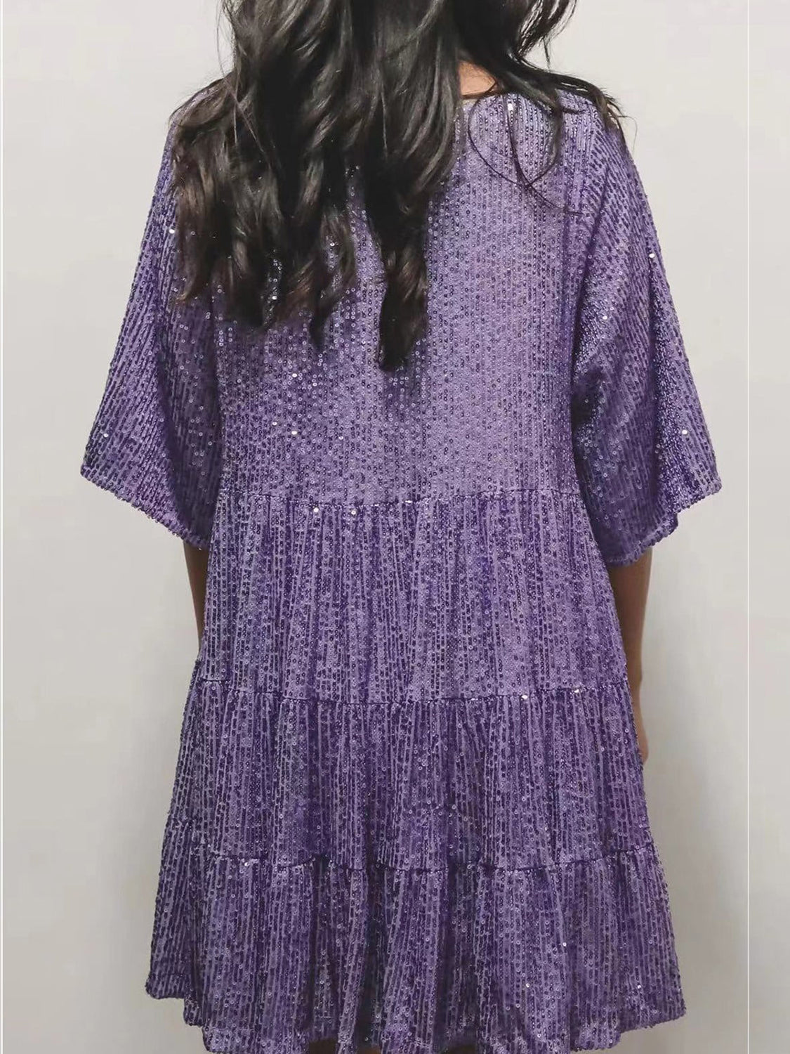 Plus Size Sequin Round Neck Half Sleeve Mini Boho Dress - Spirit and Rebel [Spirit and Rebel] Purple S 