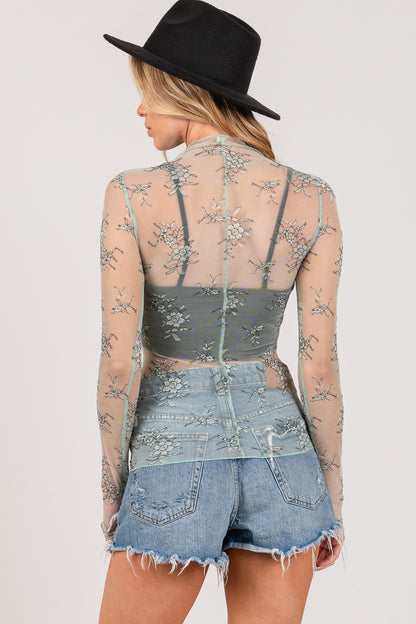 Mesh Long Sleeve Sheer Floral Embroidery Boho Top - Spirit and Rebel [Spirit and Rebel]   