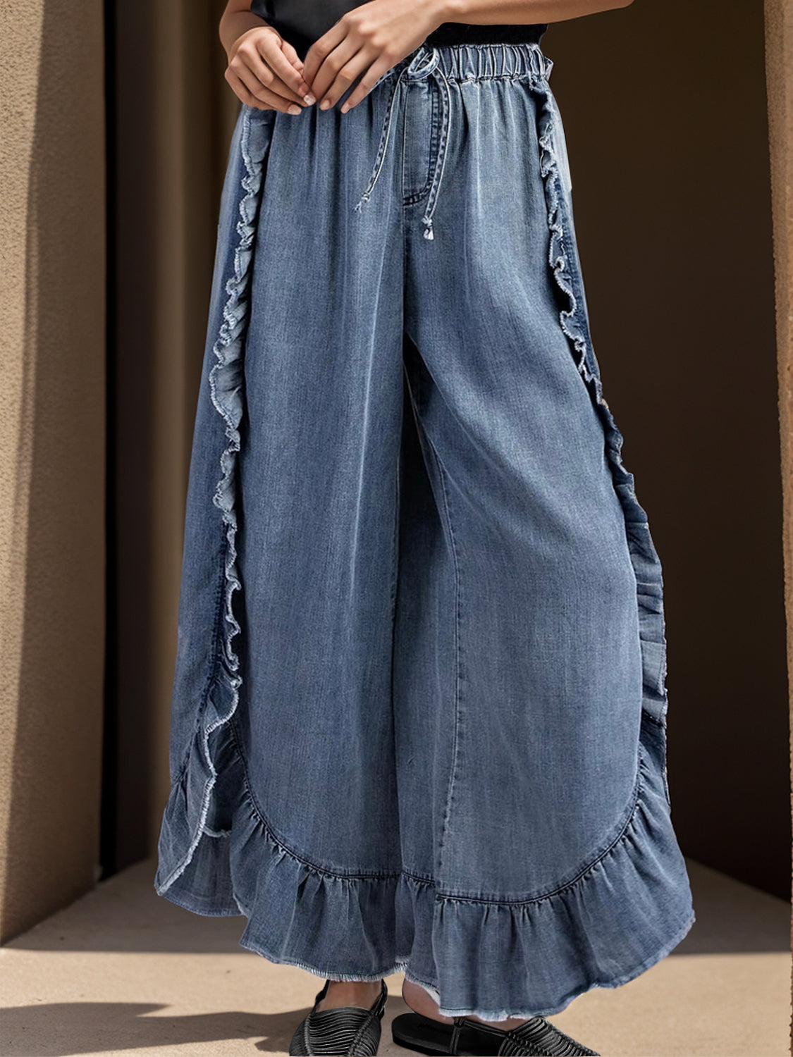 Drawstring Ruffled Wide Leg Boho Jeans - Spirit and Rebel [Spirit and Rebel]   